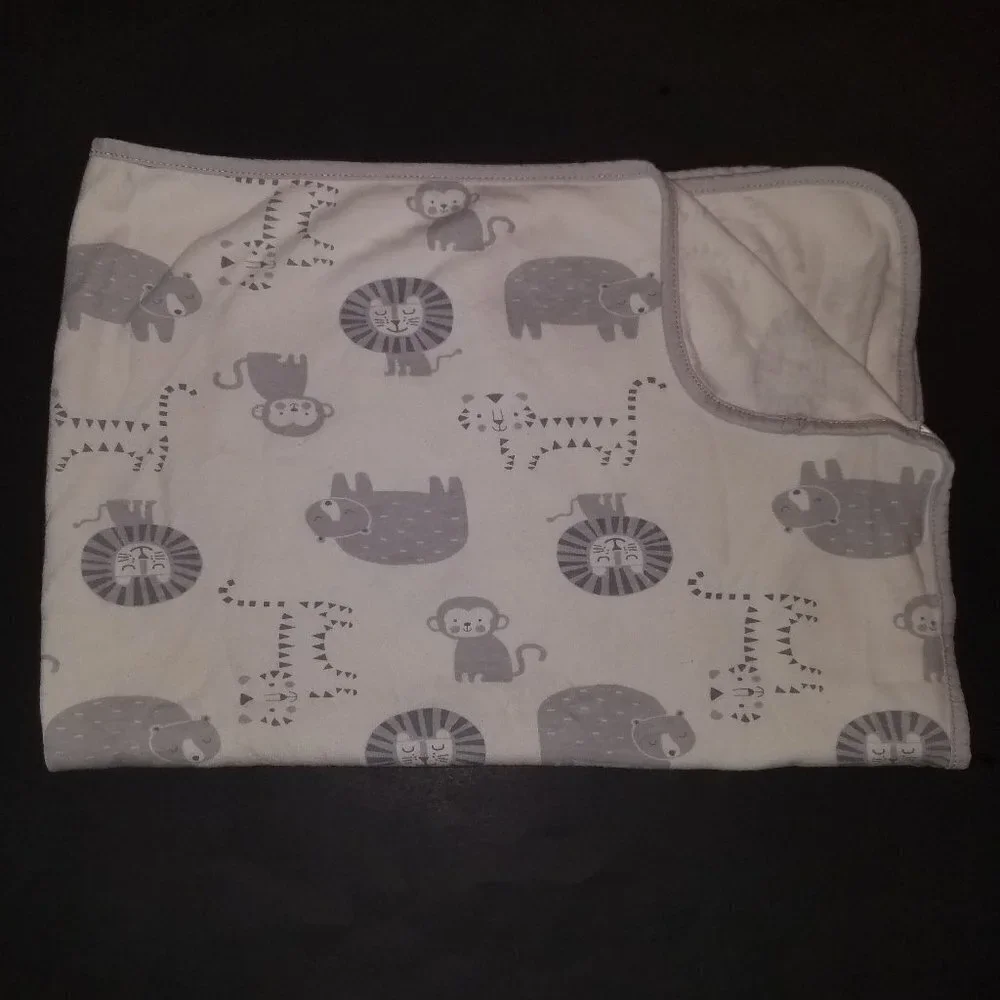 Rene Rofe Gray White Animals Receiving Baby Blanket 100% Cotton Lion Monkey Bear